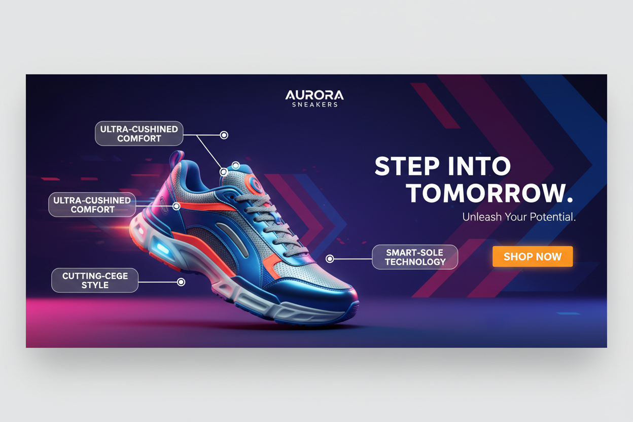 portada de website, mostrando los atributos de un sneakers